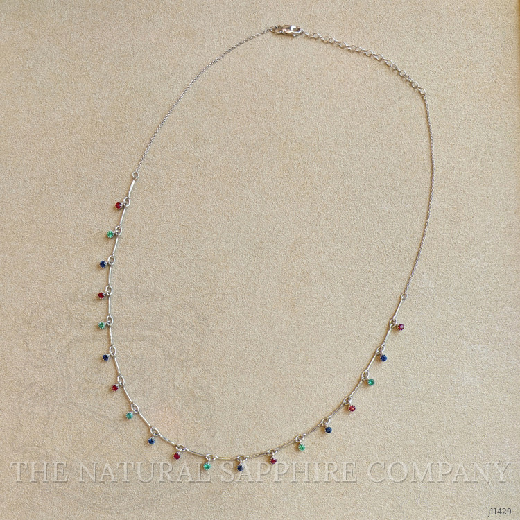 0.38 Ct. Ruby, Blue Sapphire and Emerald Accent Stones Necklace, 14K White Gold