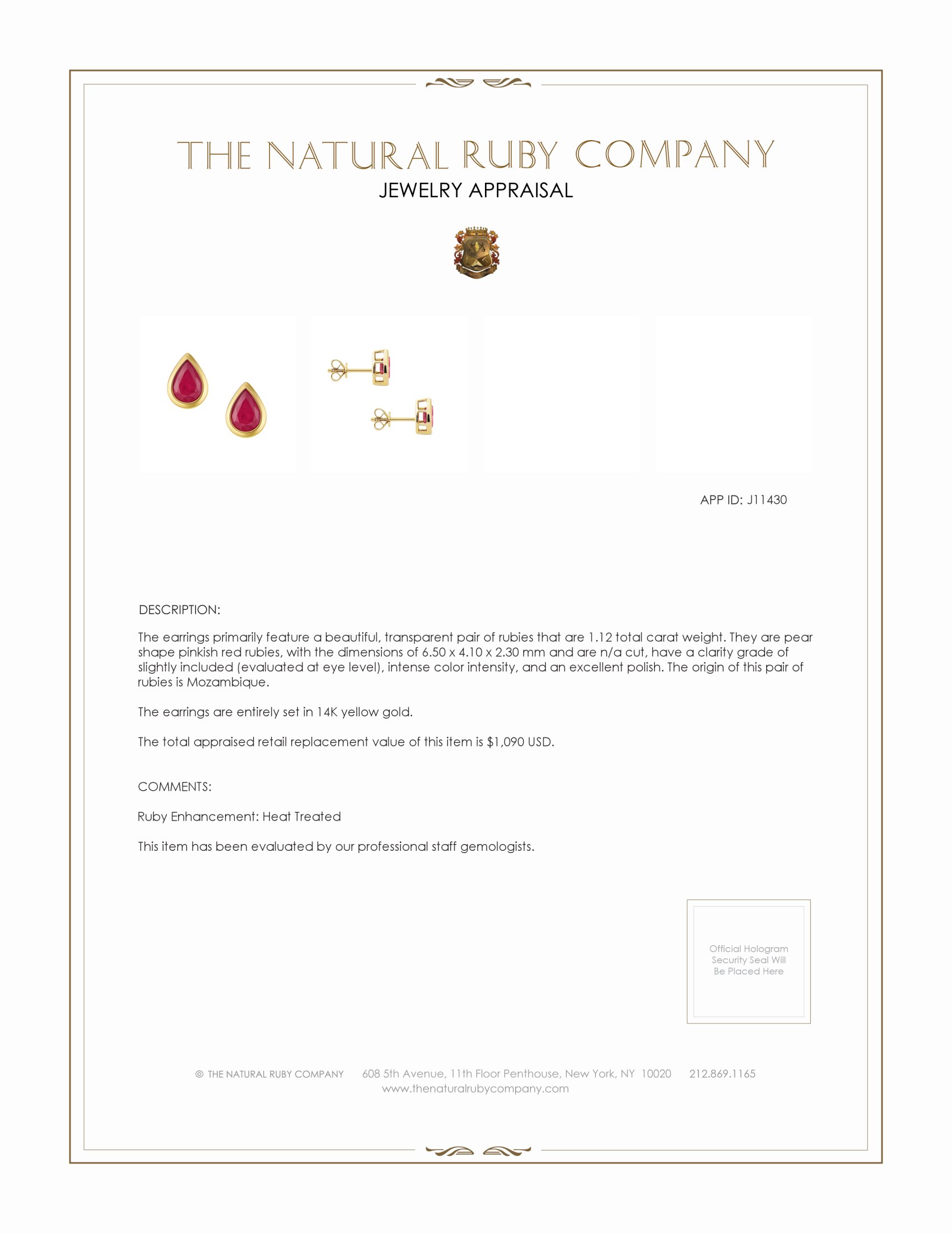 1.12 Ct.Tw. Pinkish Red Ruby Studs Earrings, 14K Yellow Gold