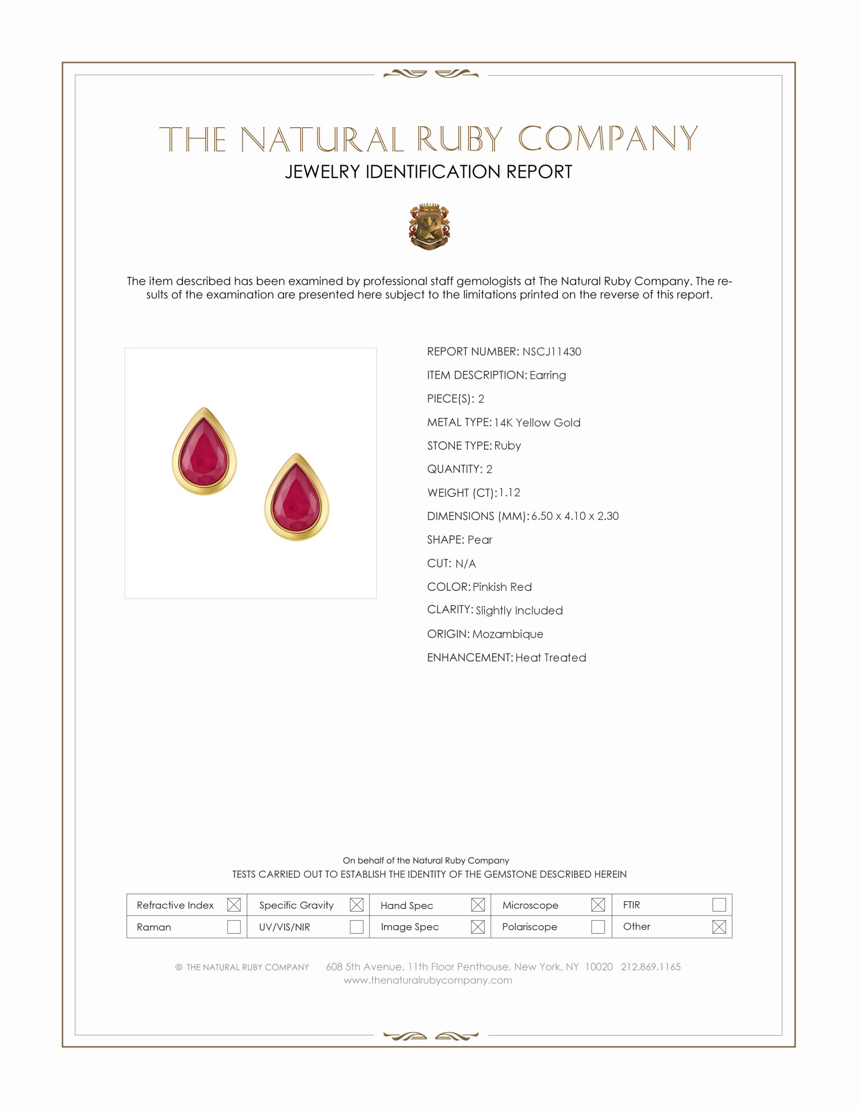 1.12 Ct.Tw. Pinkish Red Ruby Studs Earrings, 14K Yellow Gold