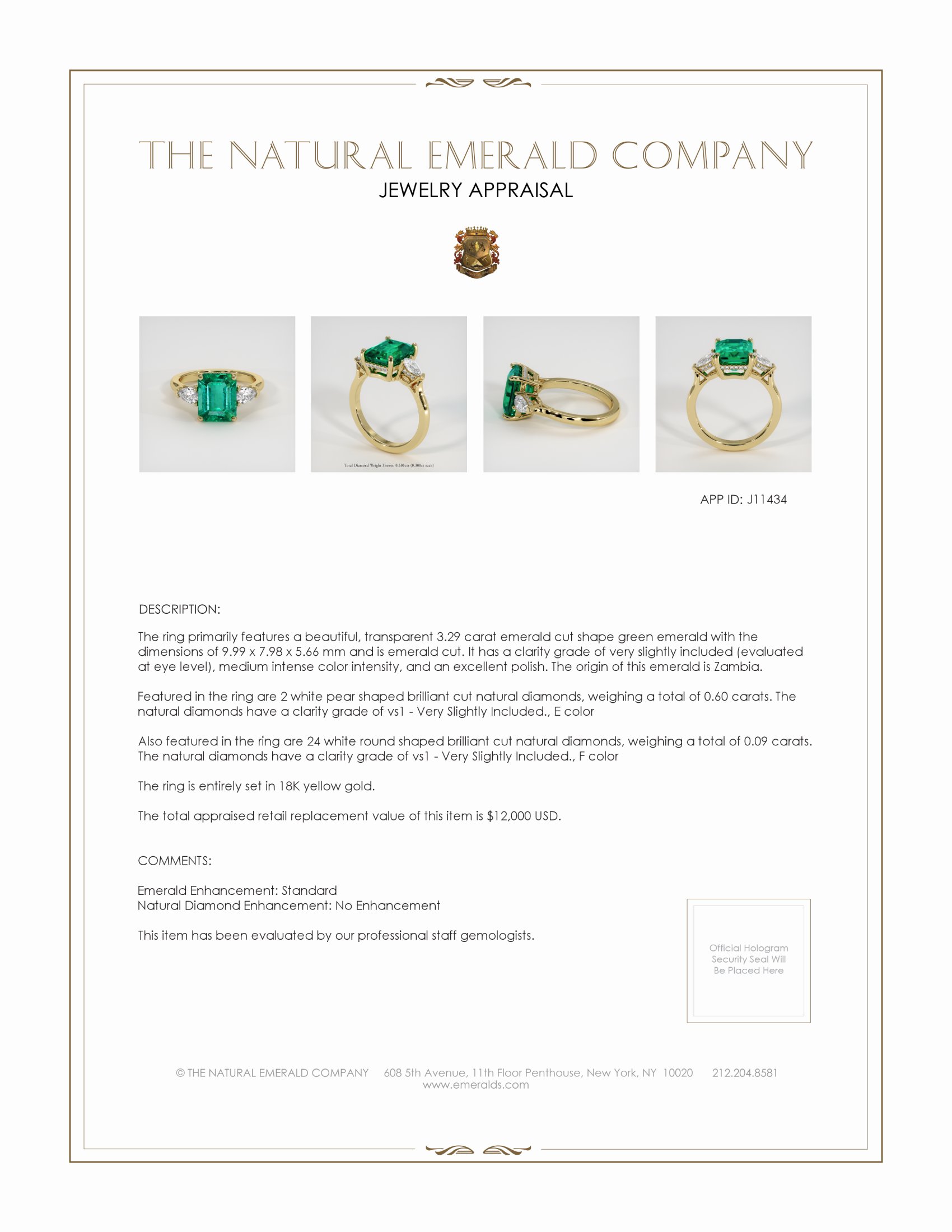 3.29 Ct. Emerald and Natural Diamond Three Stone Ring, 18K Yellow Gold