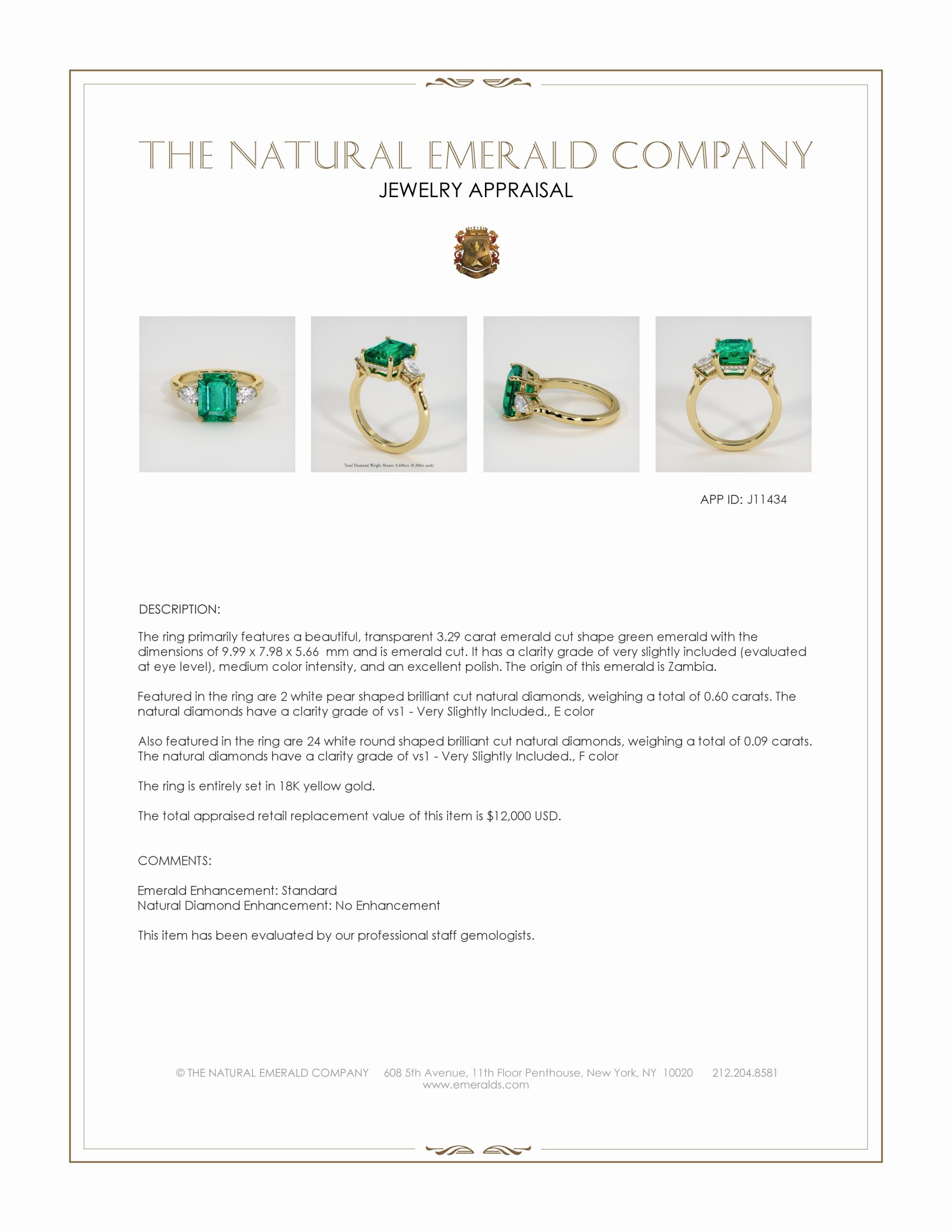 3.29 Ct. Emerald and Natural Diamond Three Stone Ring, 18K Yellow Gold