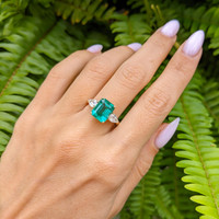 3.29 Ct. Emerald Natural Diamond Three Stone Ring, 18K Yellow Gold Life Style