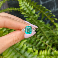 3.29 Ct. Emerald Natural Diamond Three Stone Ring, 18K Yellow Gold Life Style