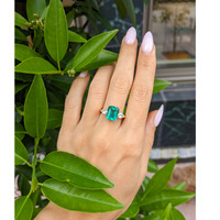 3.29 Ct. Emerald Natural Diamond Three Stone Ring, 18K Yellow Gold Life Style