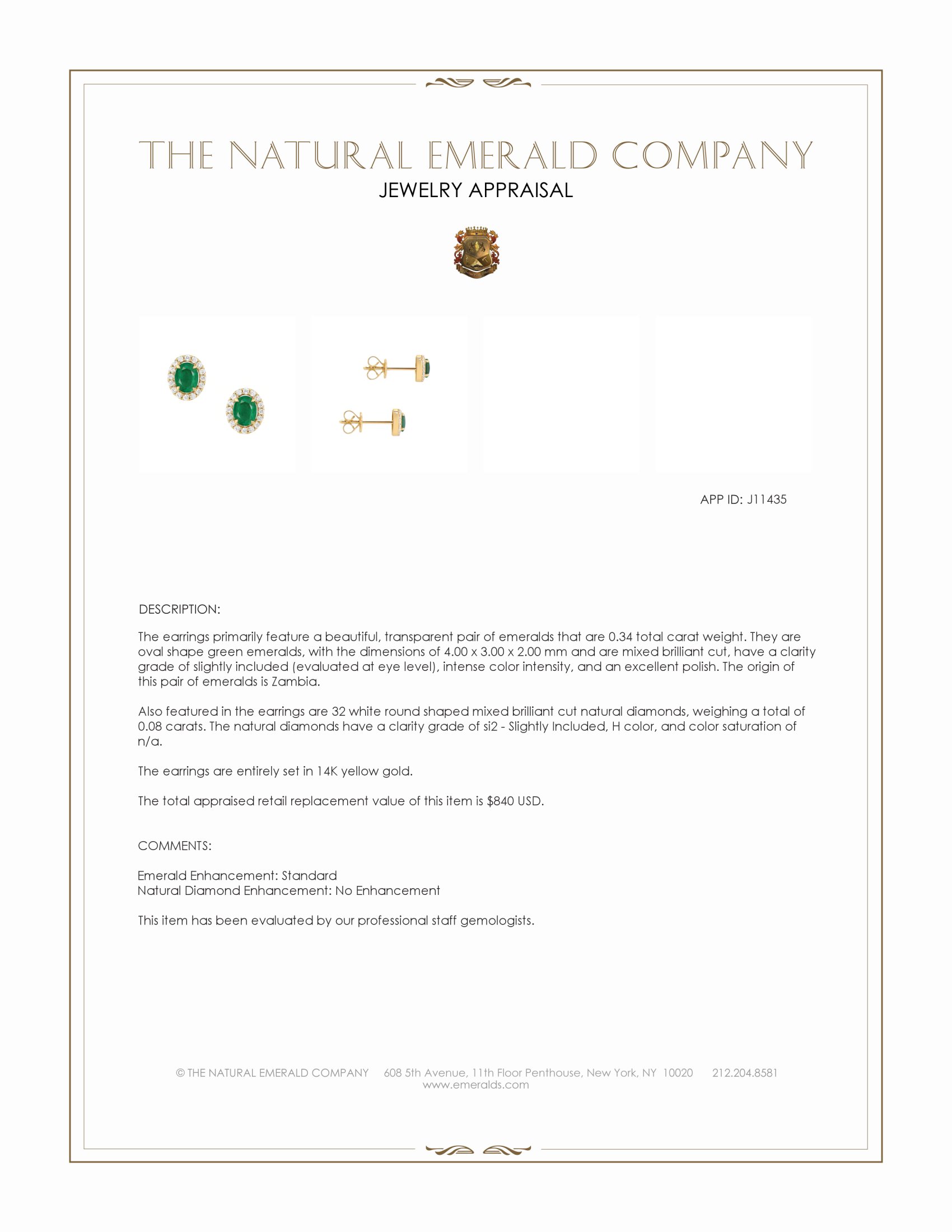 0.34 Ct.Tw. Emerald and Natural Diamond Studs Earrings, 14K Yellow Gold