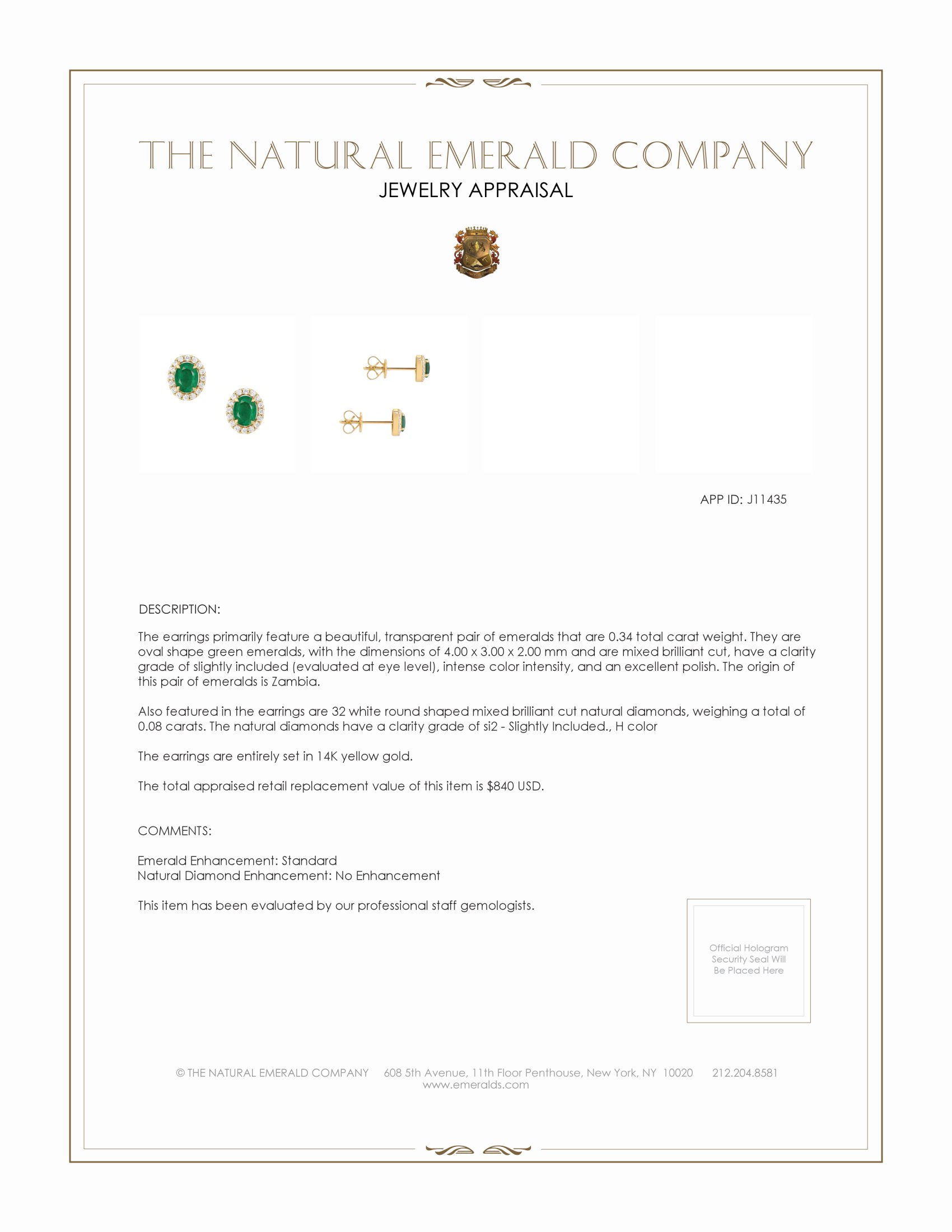 0.34 Ct.Tw. Emerald Natural Diamond Studs Earrings, 14K Yellow Gold