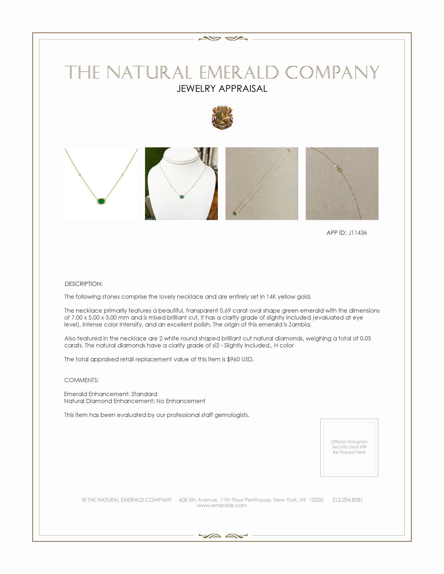 0.69 Ct. Emerald Natural Diamond Bezel Necklace, 14K Yellow Gold