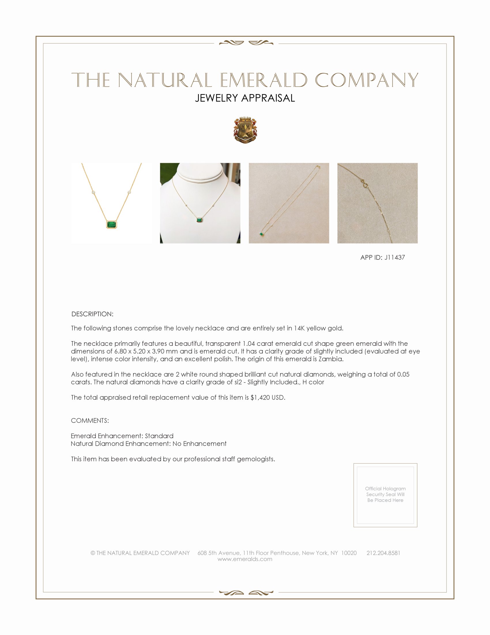 1.04 Ct. Emerald and Natural Diamond Bezel Necklace, 14K Yellow Gold