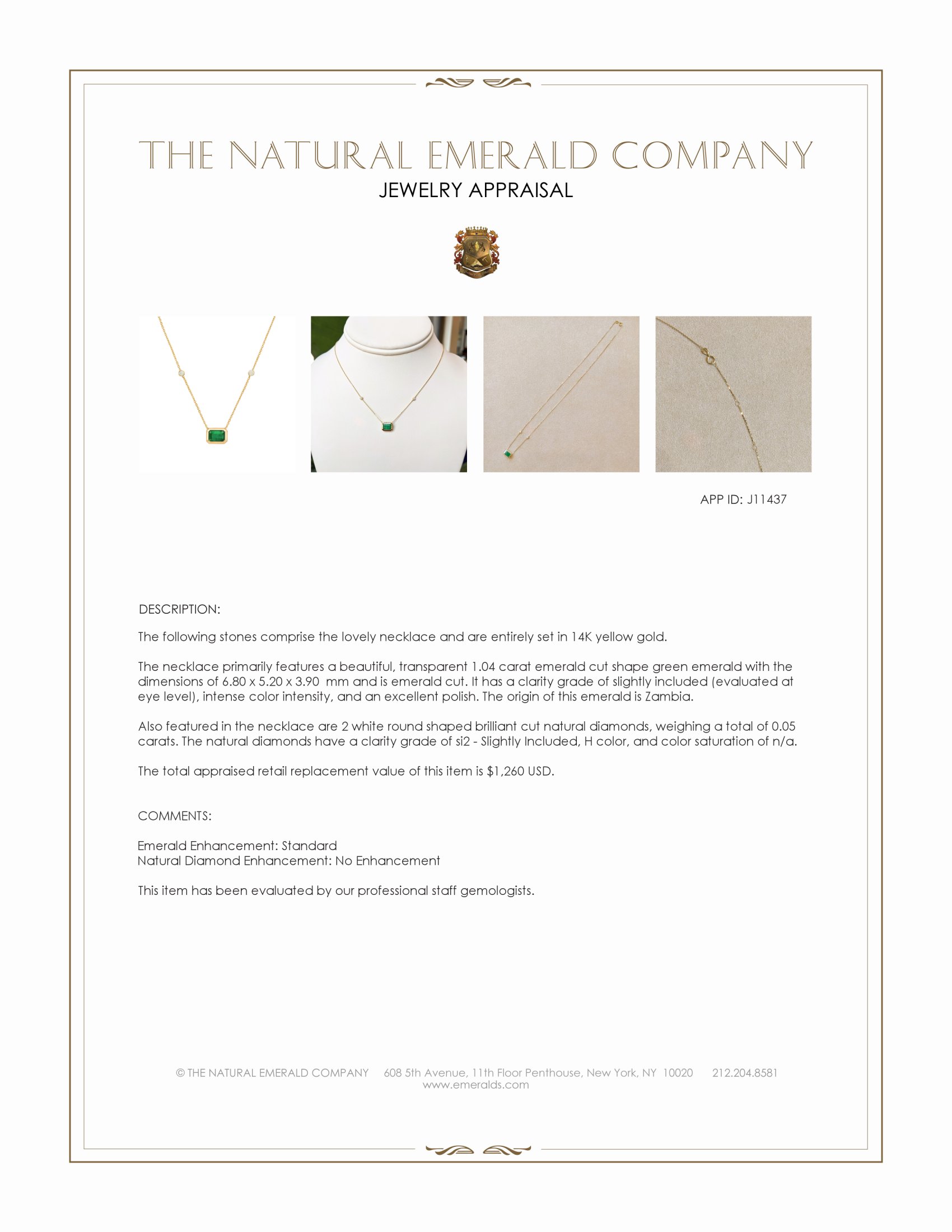 1.04 Ct. Emerald and Natural Diamond Bezel Necklace, 14K Yellow Gold