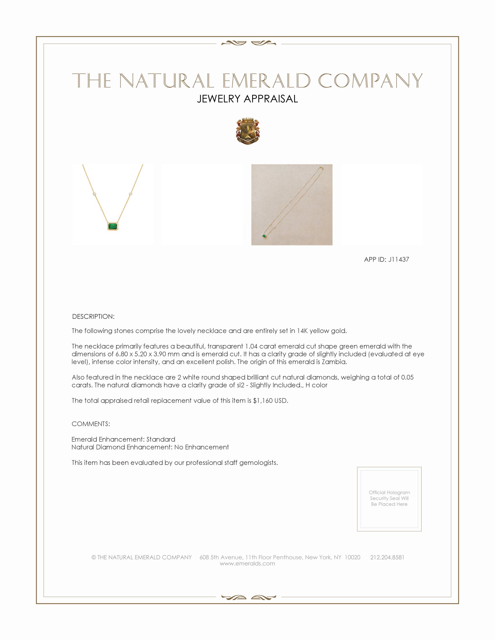 1.04 Ct. Emerald Natural Diamond Bezel Necklace, 14K Yellow Gold