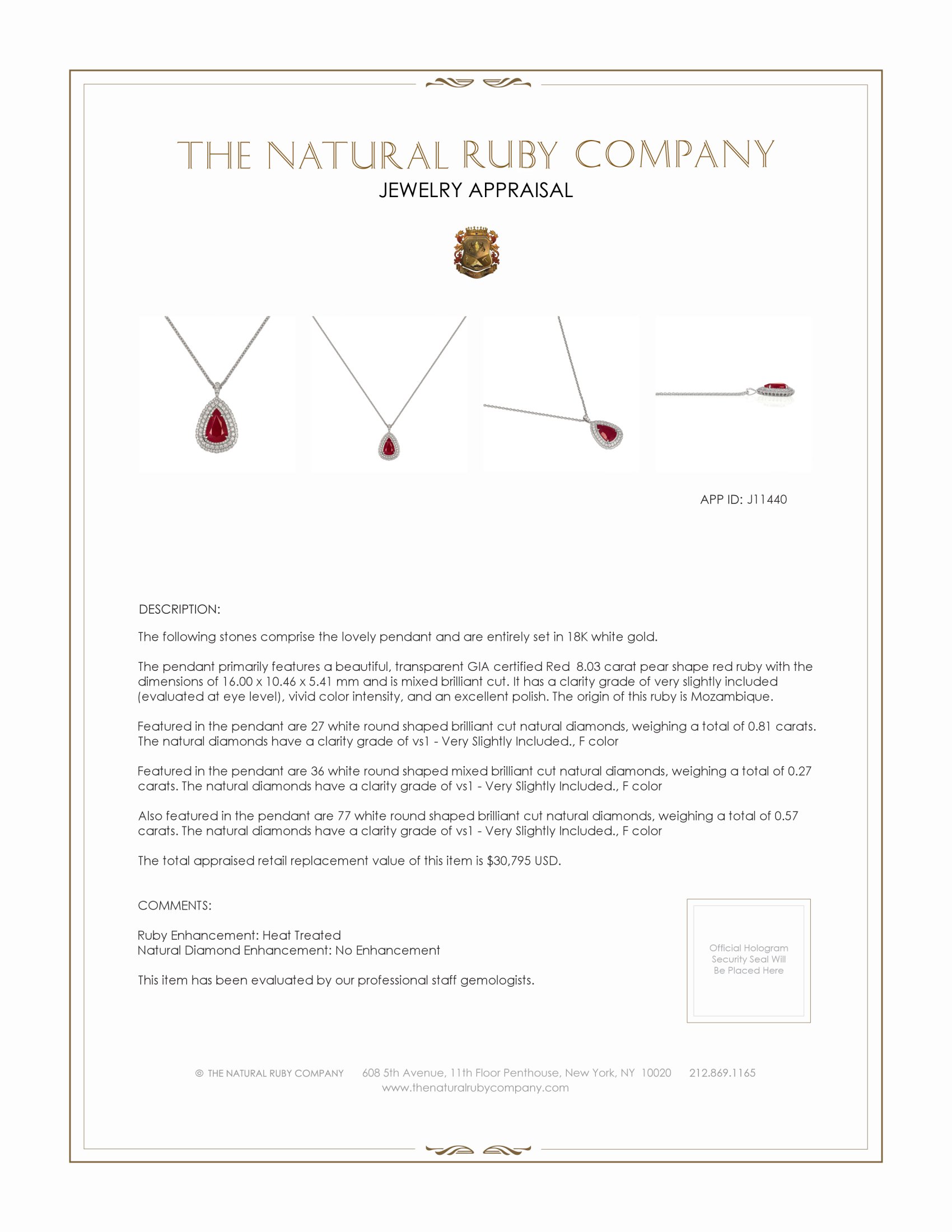 8.03 Ct. Ruby and Natural Diamond Pave Pendant, 18K White Gold