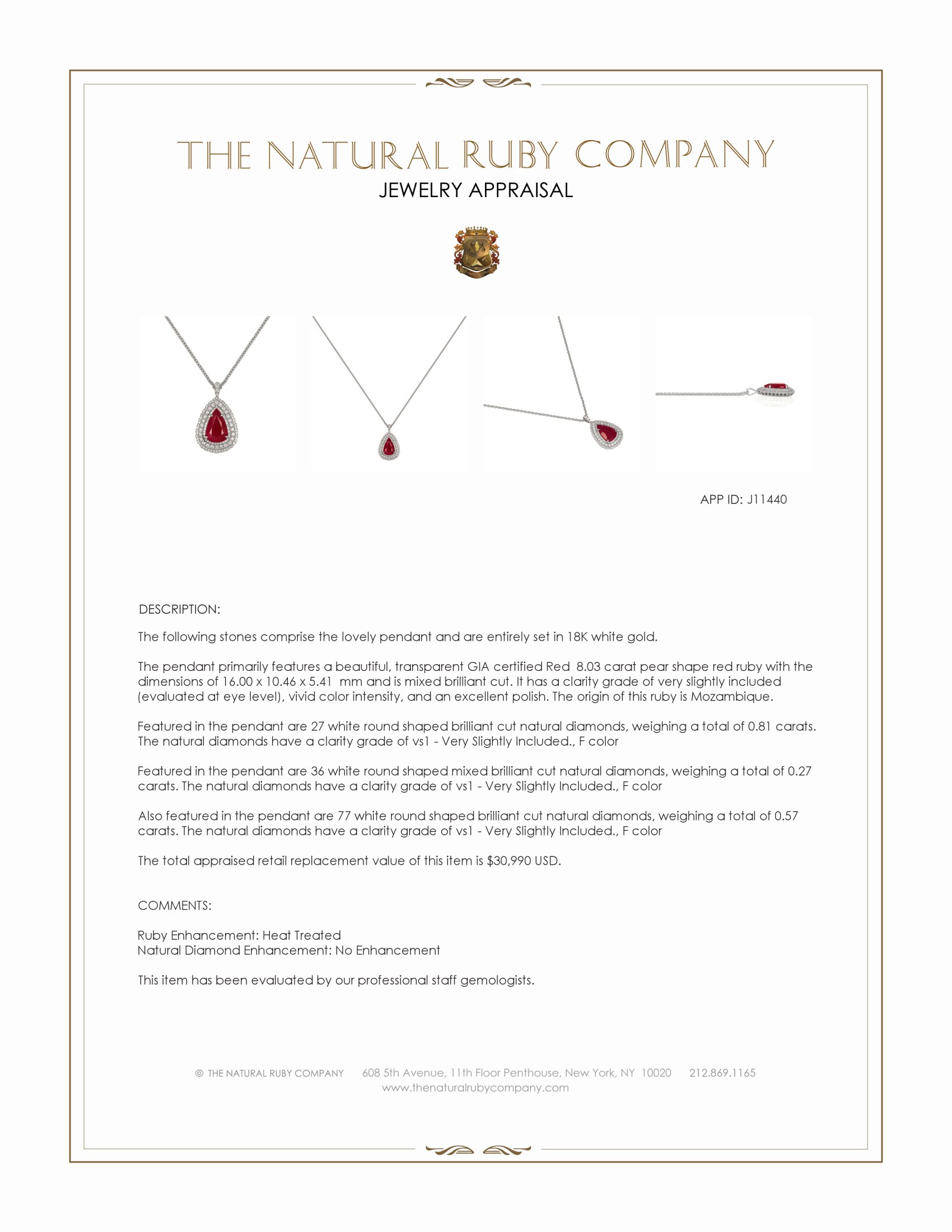 8.03 Ct. Ruby and Natural Diamond Pave Pendant, 18K White Gold