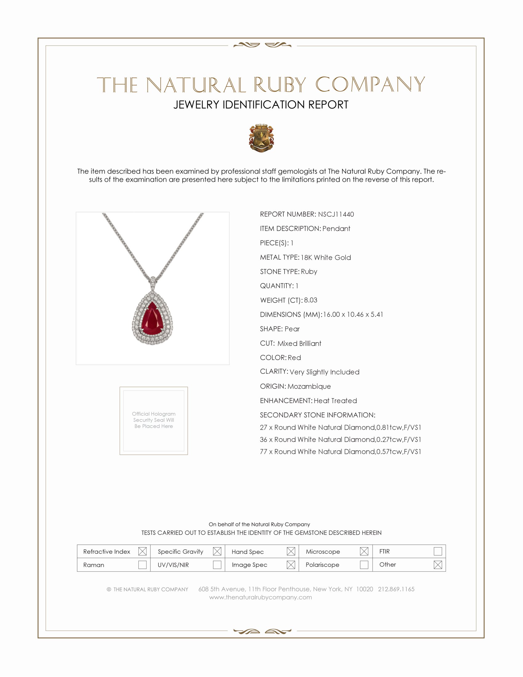 8.03 Ct. Ruby and Natural Diamond Pave Pendant, 18K White Gold