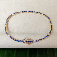 3.20 Ct.Tw. Blue Sapphire and Natural Diamond Tennis/Line Bracelet, 14K Yellow Gold Image