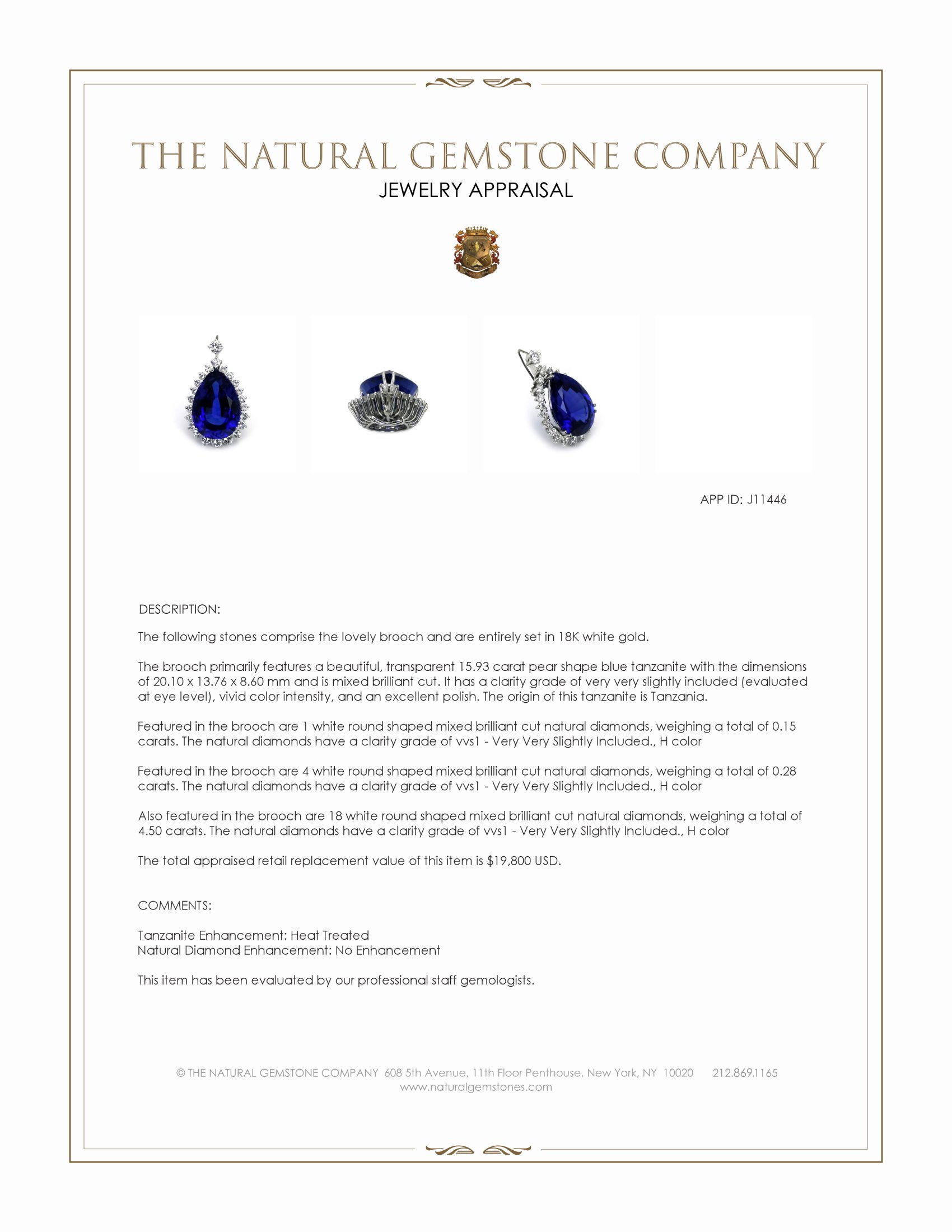 15.93 Ct. Blue Tanzanite and Natural Diamond Halo Brooch, 18K White Gold