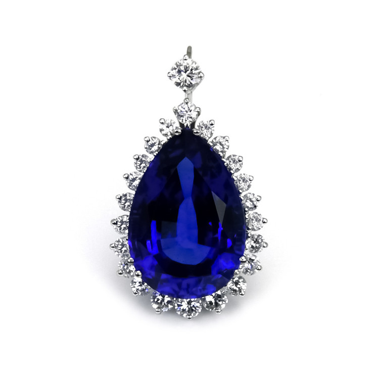 15.93 Ct. Blue Tanzanite and Natural Diamond Halo Brooch, 18K White Gold
