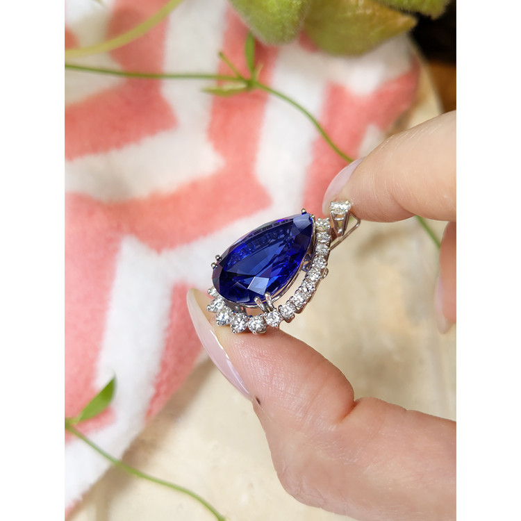 15.93 Ct. Blue Tanzanite and Natural Diamond Halo Brooch, 18K White Gold