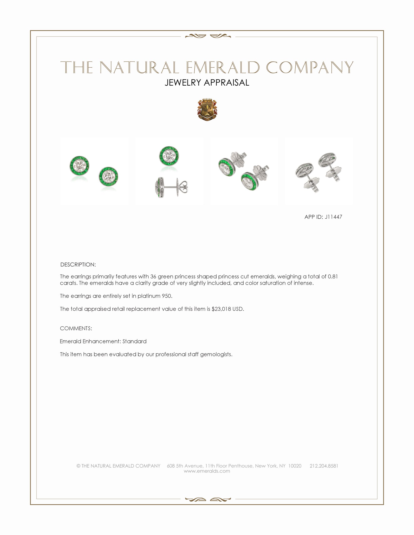 1.89 Ct.Tw. Natural Diamond and Emerald Studs Earrings, Platinum 950