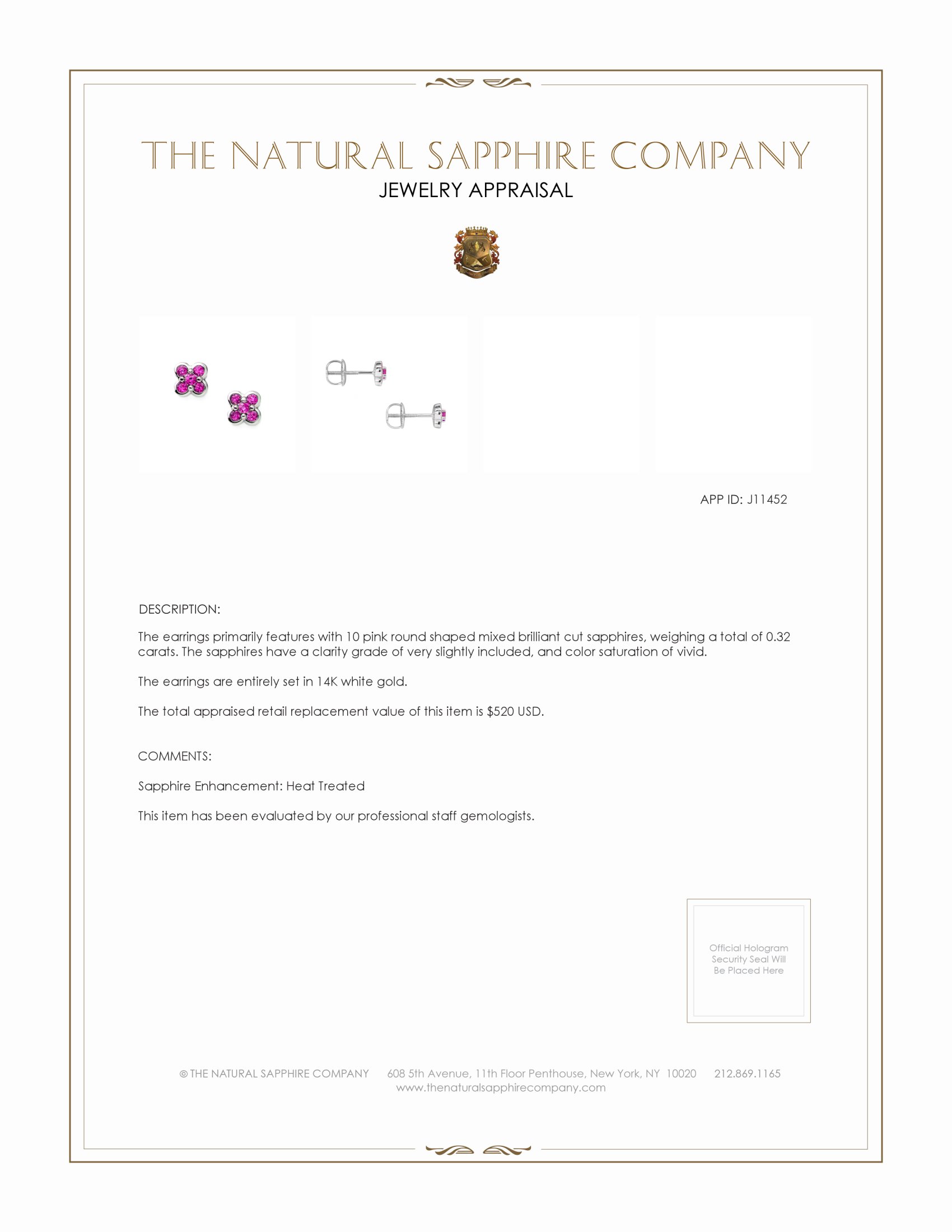 0.32 Ct.Tw. Pink Sapphire Studs Earrings, 14K White Gold