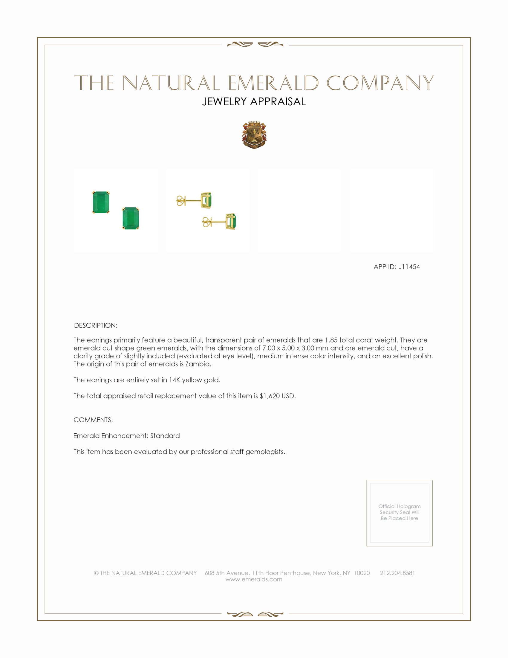 1.85 Ct.Tw. Emerald Studs Earrings, 14K Yellow Gold