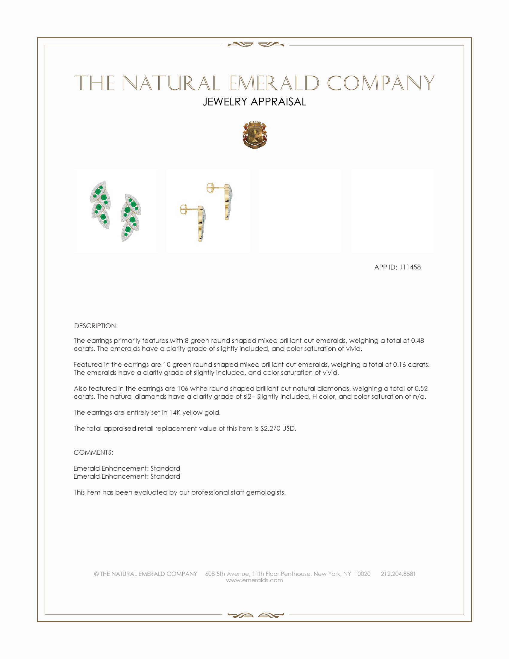 0.48 Ct.Tw. Emerald and Natural Diamond Studs Earrings, 14K Yellow Gold