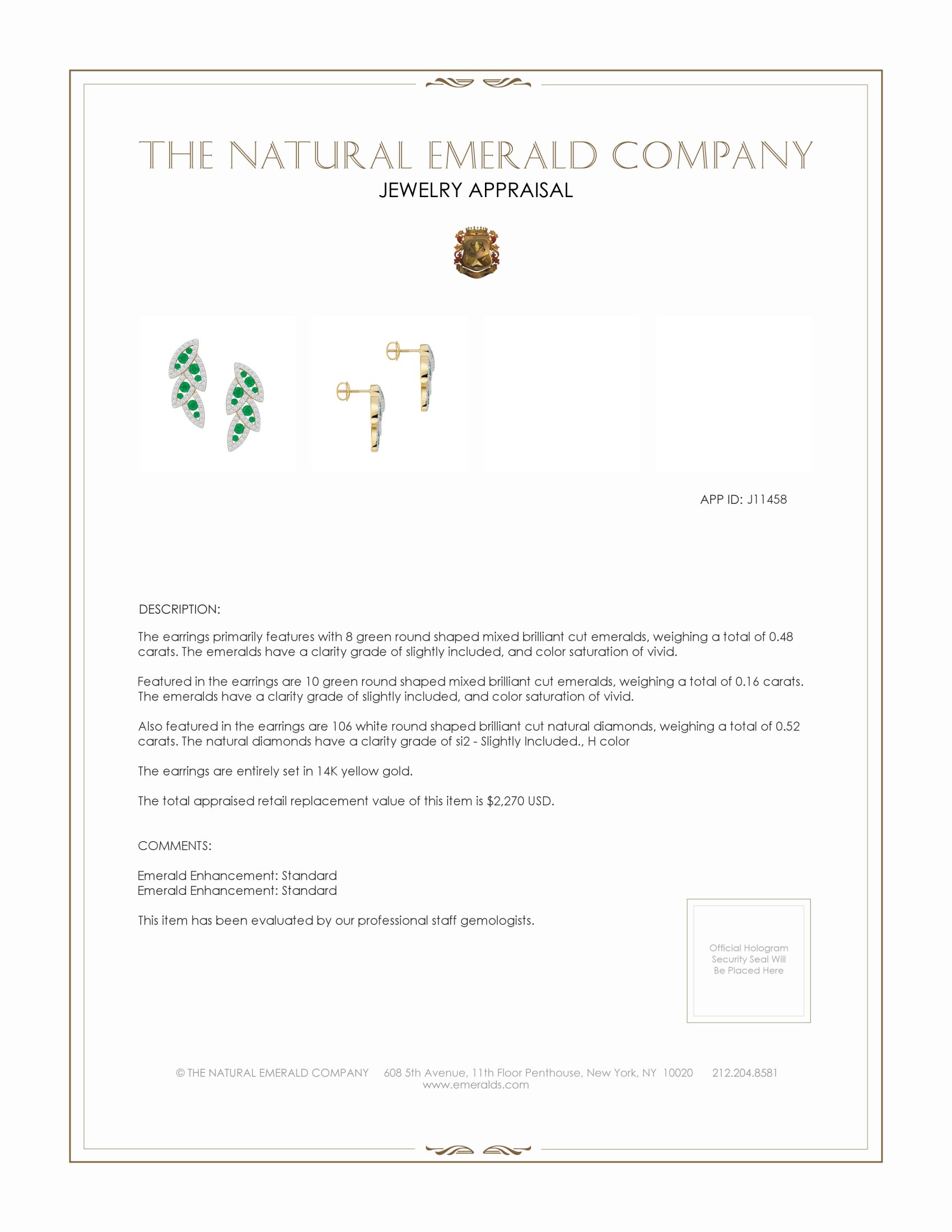 0.48 Ct.Tw. Emerald Natural Diamond Pave Earrings, 14K Yellow Gold