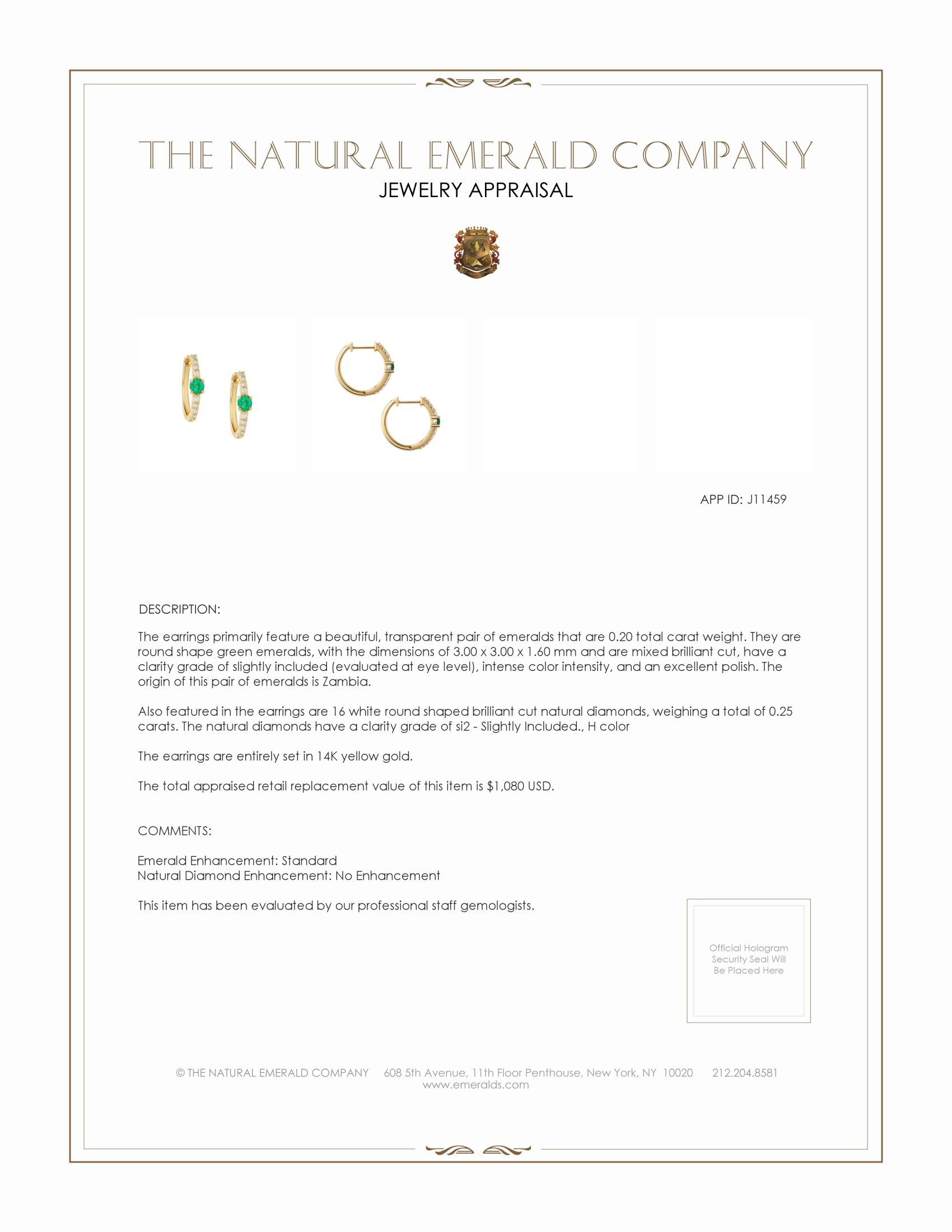 0.20 Ct.Tw. Emerald Natural Diamond Pave Earrings, 14K Yellow Gold
