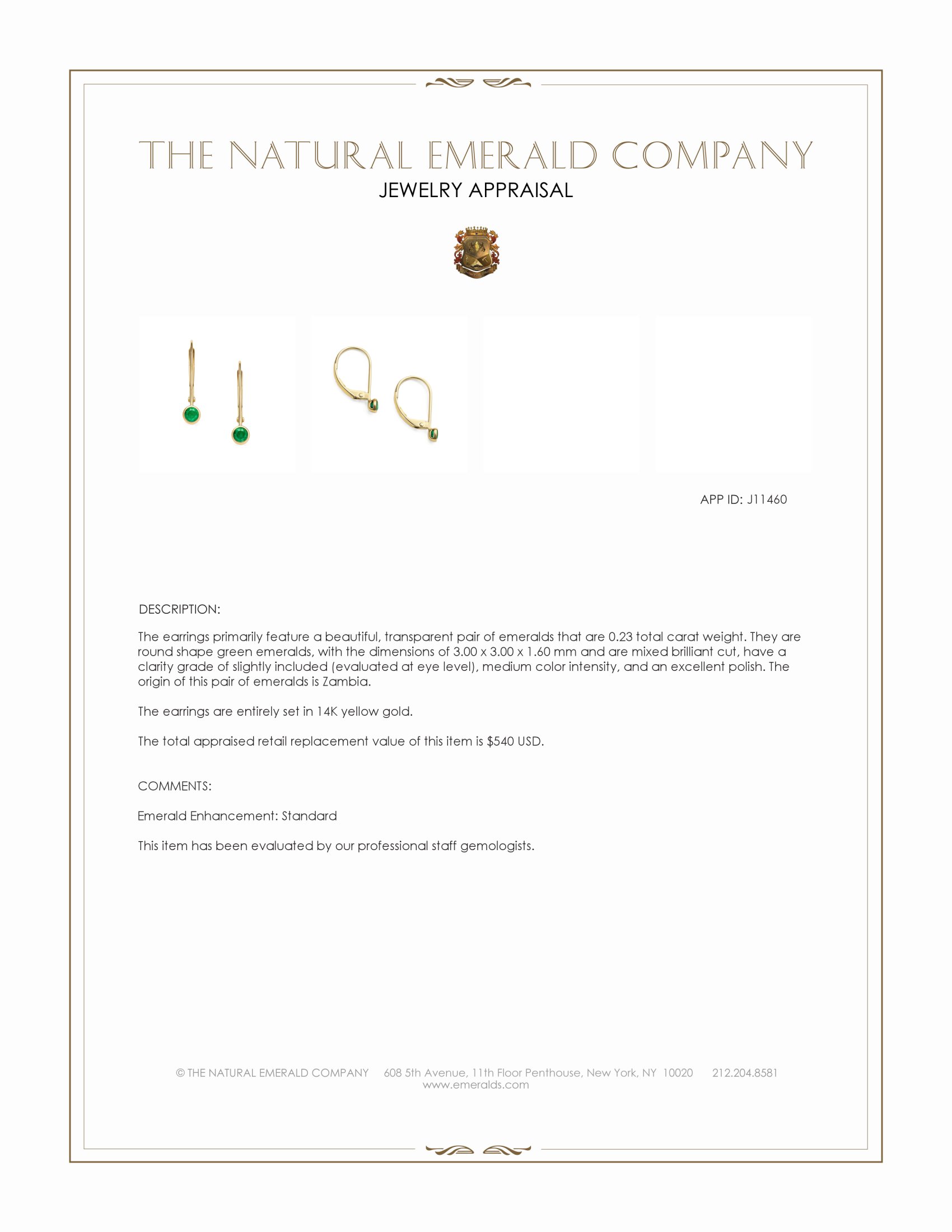 0.23 Ct.Tw. Emerald Bezel Earrings, 14K Yellow Gold