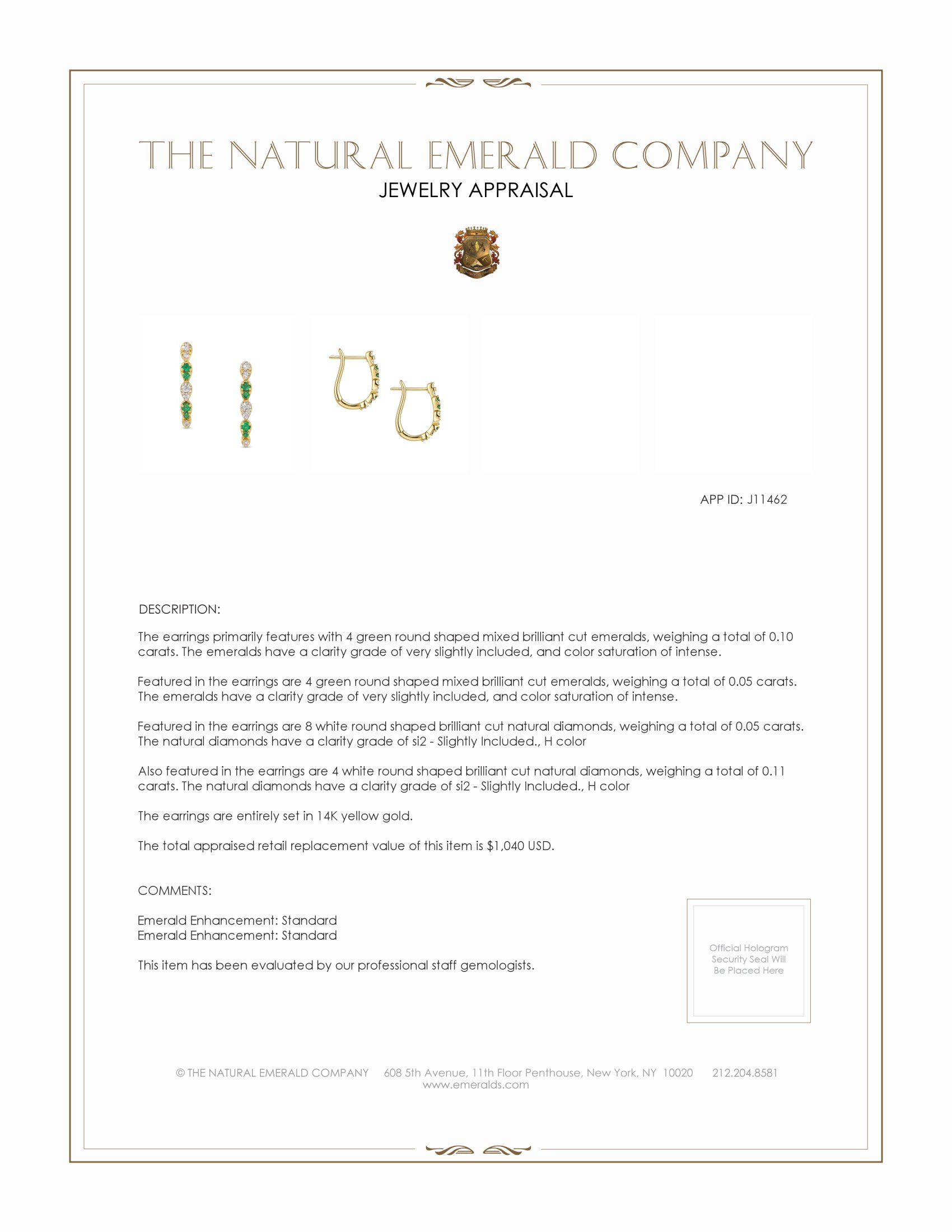 0.10 Ct.Tw. Emerald and Natural Diamond Hoops Earrings, 14K Yellow Gold