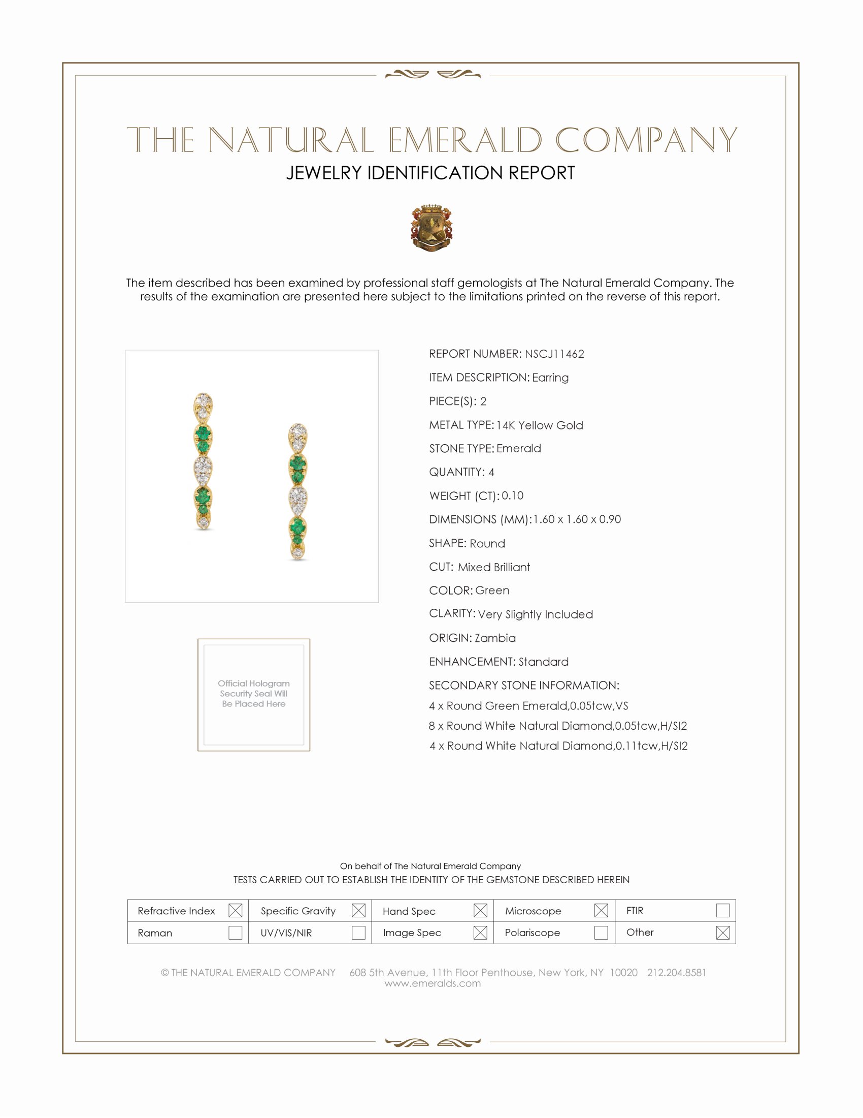 0.10 Ct.Tw. Emerald and Natural Diamond Hoops Earrings, 14K Yellow Gold