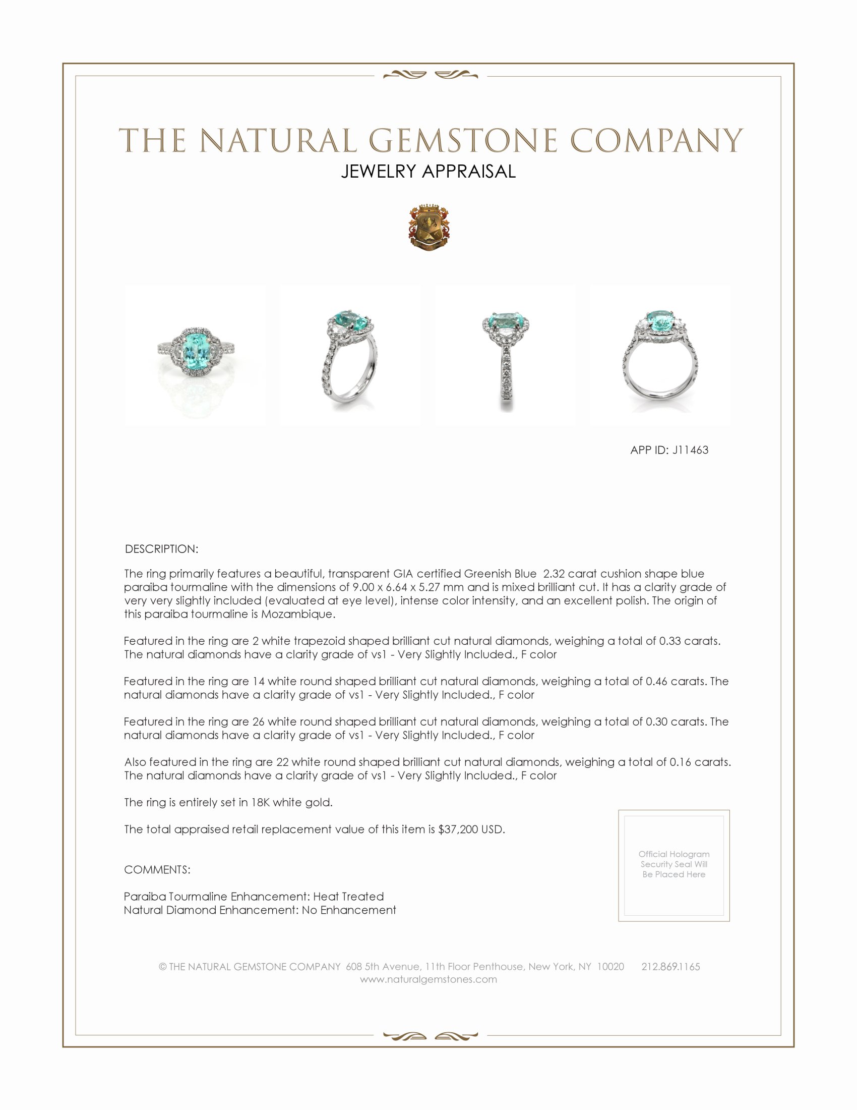 2.32 Ct. Paraiba Tourmaline Natural Diamond Pave Ring, 18K White Gold
