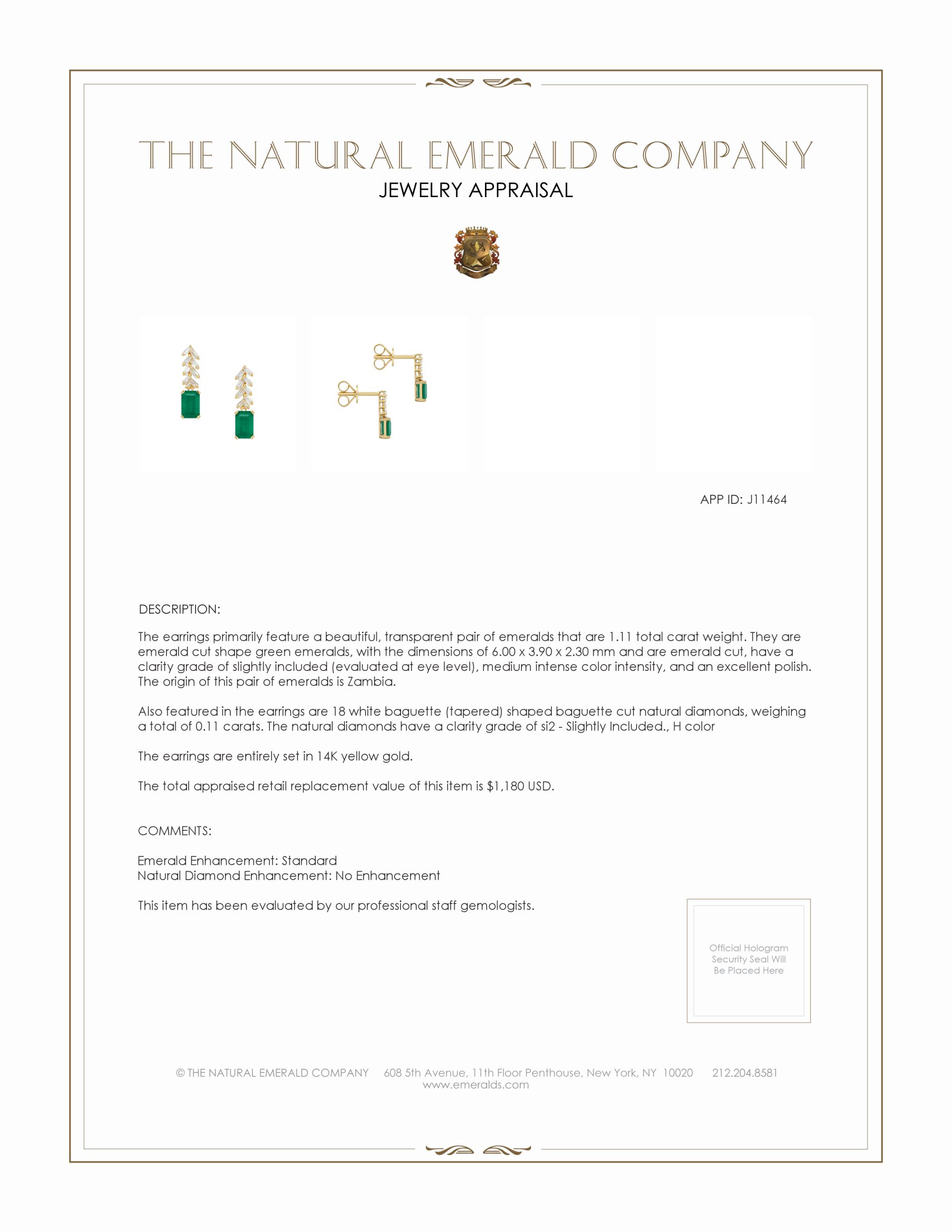 1.11 Ct.Tw. Emerald Natural Diamond Studs Earrings, 14K Yellow Gold