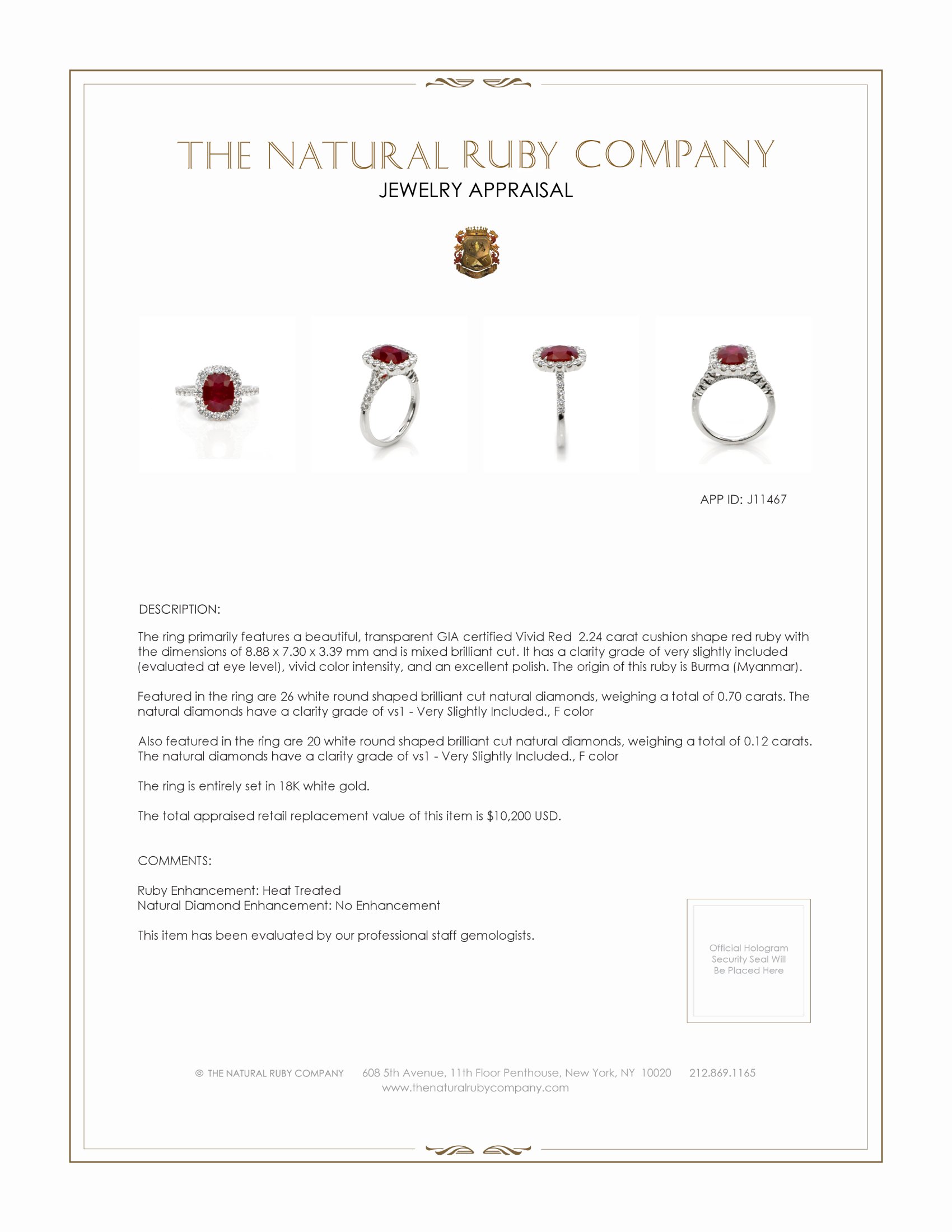 2.24 Ct. Ruby and Natural Diamond Pave Ring, 18K White Gold