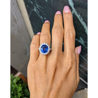 6.33 Ct. Blue Sapphire and Natural Diamond Pave Ring, 18K White Gold Life Style