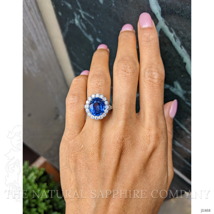 6.33 Ct. Blue Sapphire and Natural Diamond Pave Ring, 18K White Gold