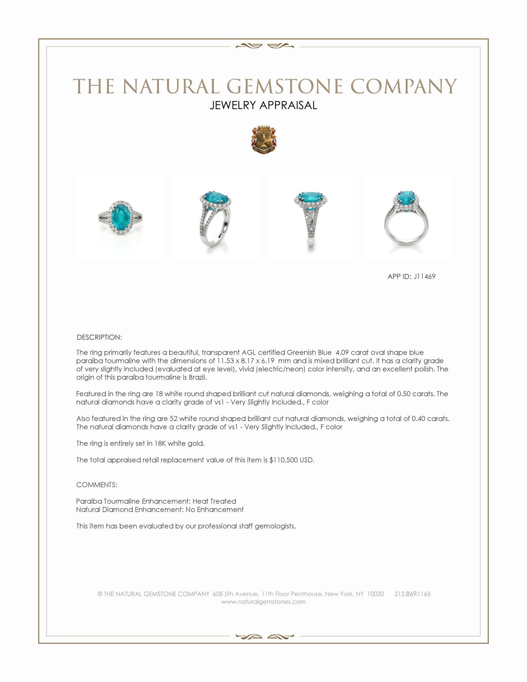 4.09 Ct. Blue Paraiba Tourmaline and Natural Diamond Pave Ring, 18K White Gold