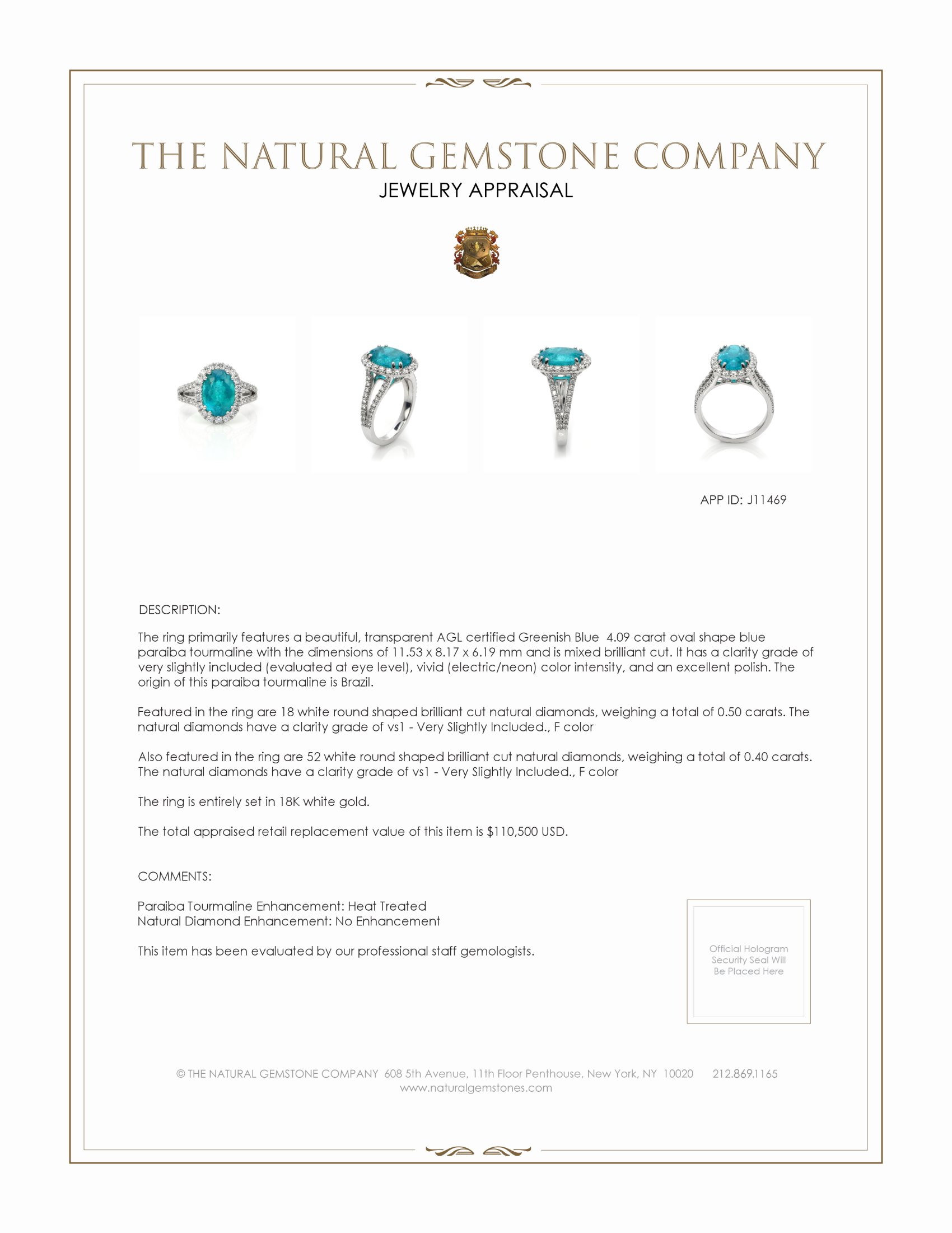 4.09 Ct. Paraiba Tourmaline Natural Diamond Pave Ring, 18K White Gold