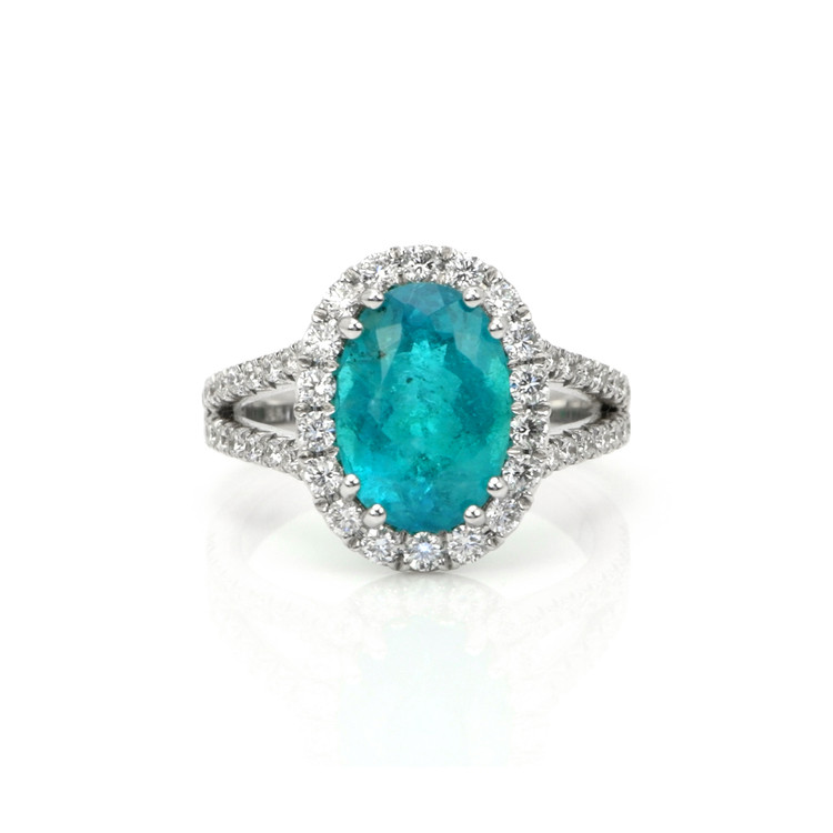 4.09 Ct. Paraiba Tourmaline Natural Diamond Pave Ring, 18K White Gold
