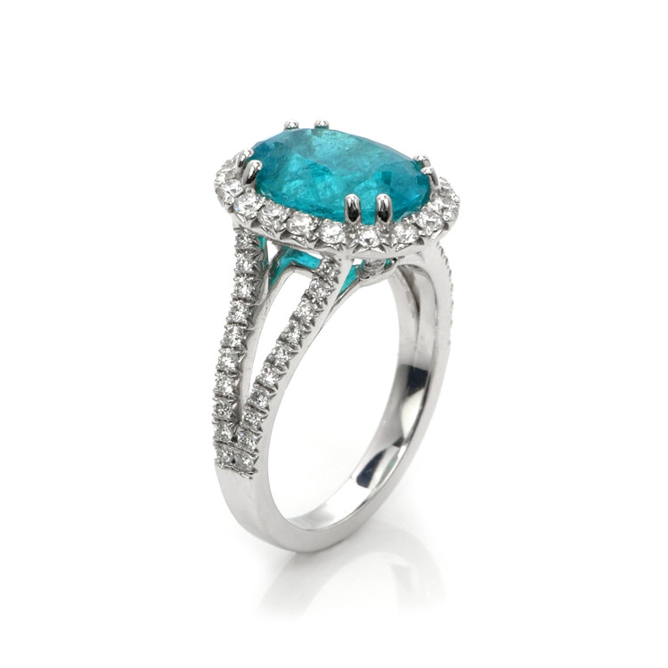 4.09 Ct. Paraiba Tourmaline Natural Diamond Pave Ring, 18K White Gold