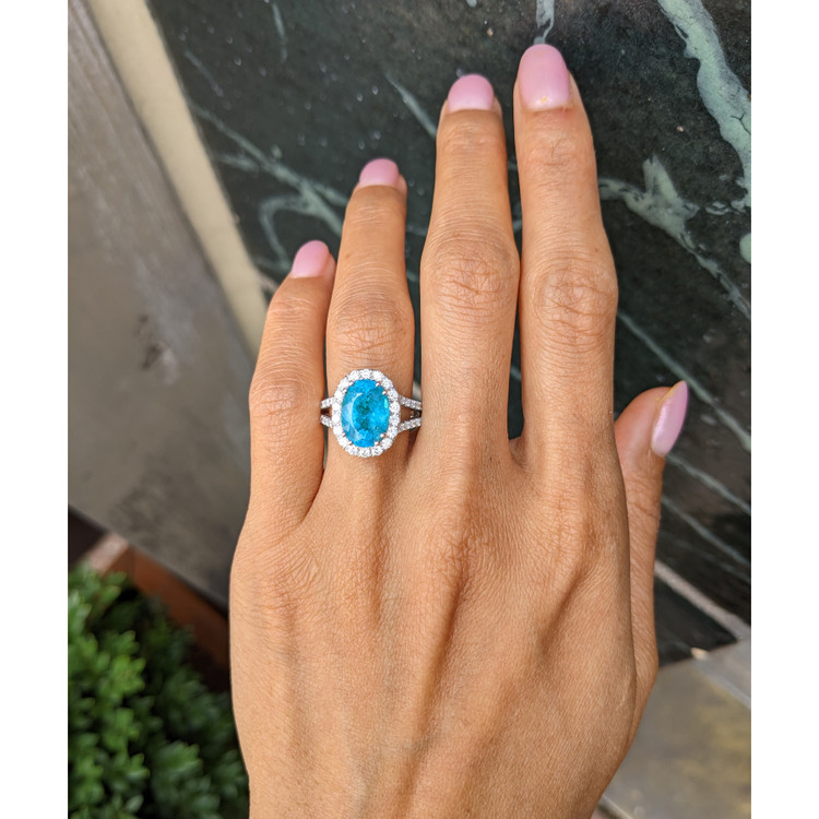 4.09 Ct. Paraiba Tourmaline Natural Diamond Pave Ring, 18K White Gold