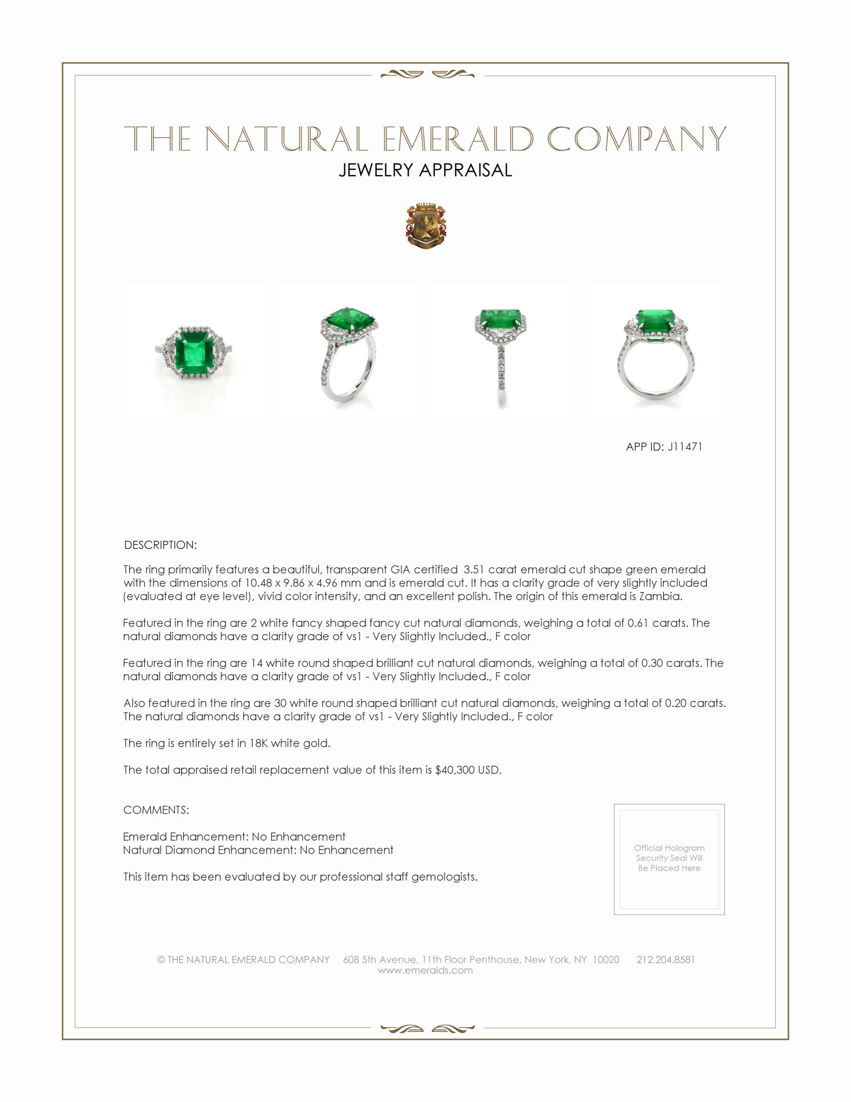 3.51 Ct. Emerald and Natural Diamond Pave Ring, 18K White Gold