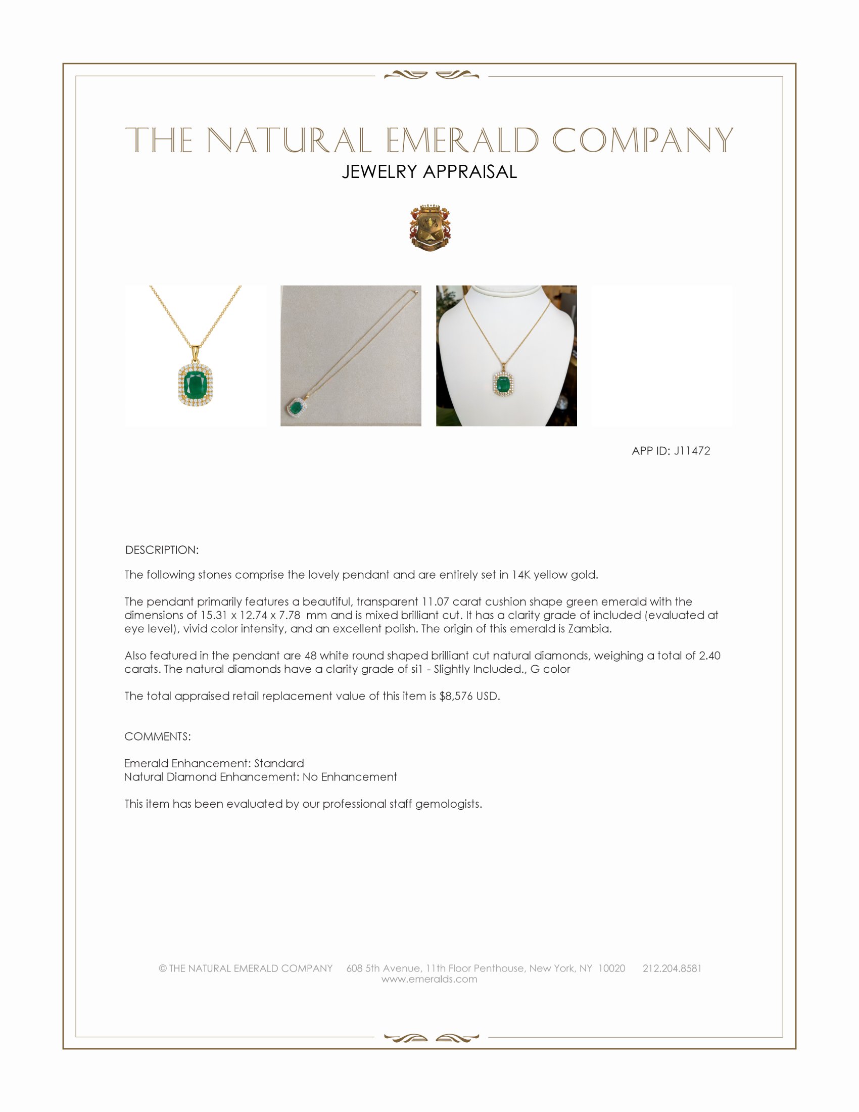11.07 Ct. Emerald and Natural Diamond Pave Pendant, 14K Yellow Gold