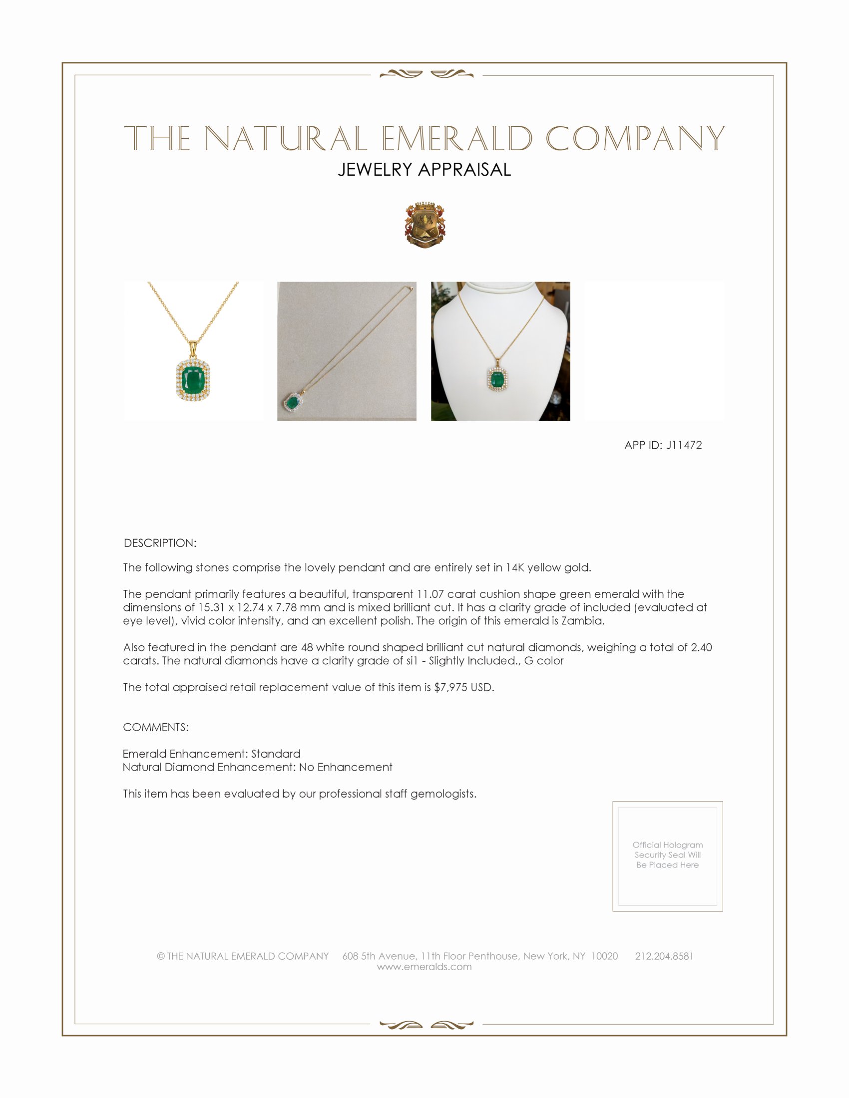11.07 Ct. Emerald Natural Diamond Pave Pendant, 14K Yellow Gold