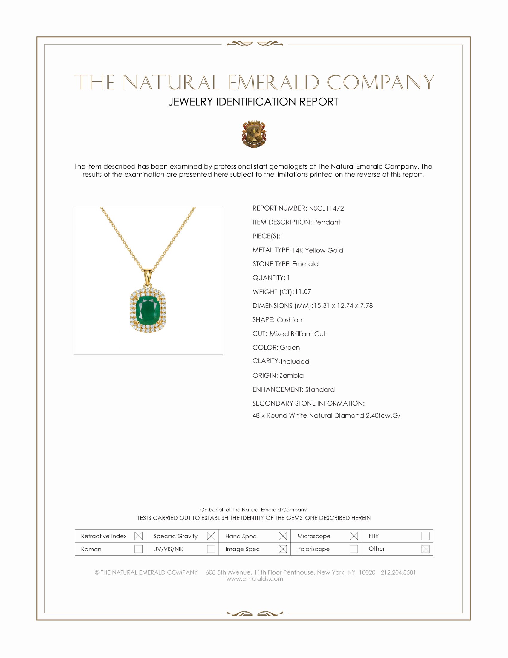 11.07 Ct. Emerald and Natural Diamond Pave Pendant, 14K Yellow Gold