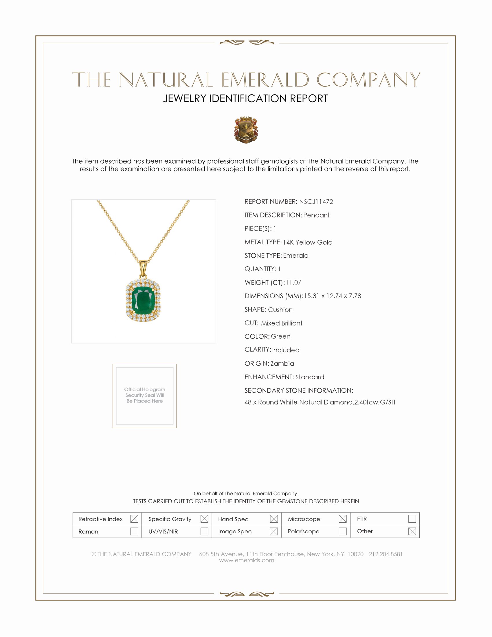 11.07 Ct. Emerald Natural Diamond Pave Pendant, 14K Yellow Gold