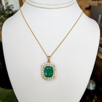 11.07 Ct. Emerald Natural Diamond Pave Pendant, 14K Yellow Gold Image