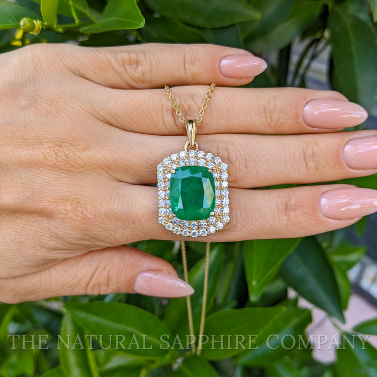 11.07 Ct. Emerald Natural Diamond Pave Pendant, 14K Yellow Gold