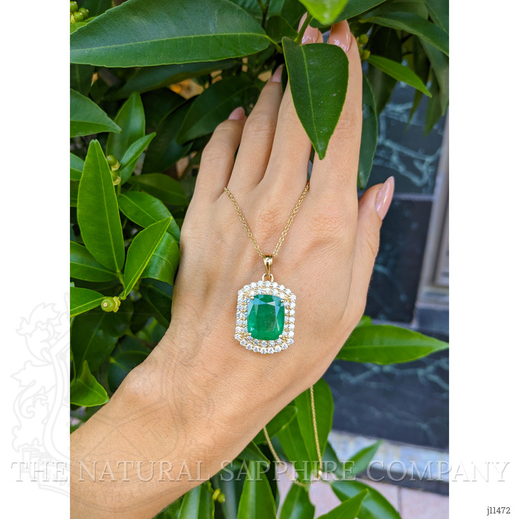 11.07 Ct. Emerald Natural Diamond Pave Pendant, 14K Yellow Gold