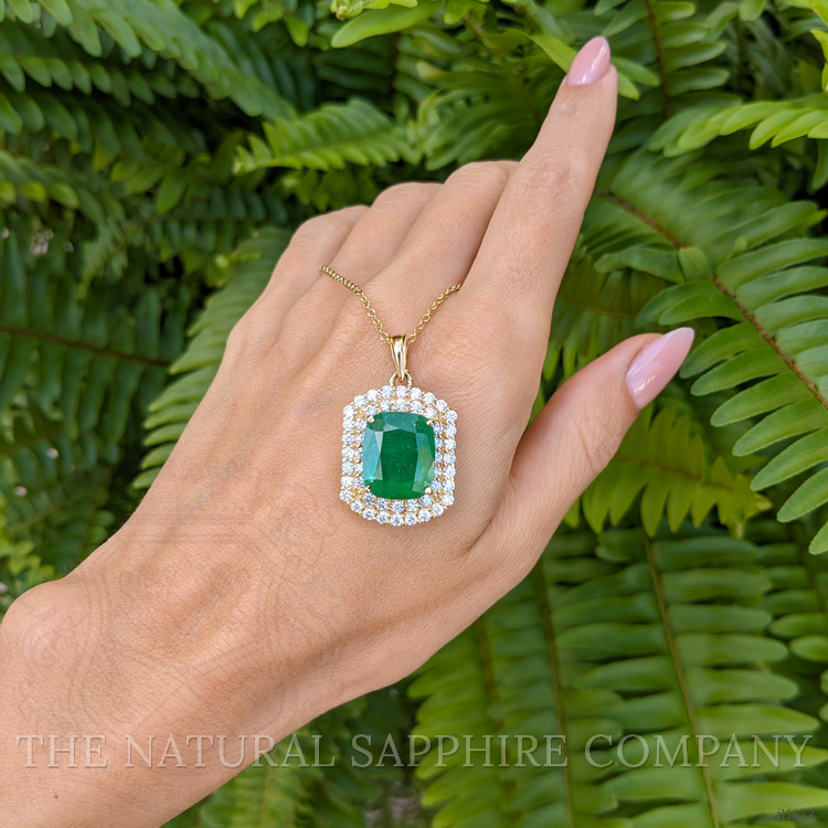 11.07 Ct. Emerald Natural Diamond Pave Pendant, 14K Yellow Gold