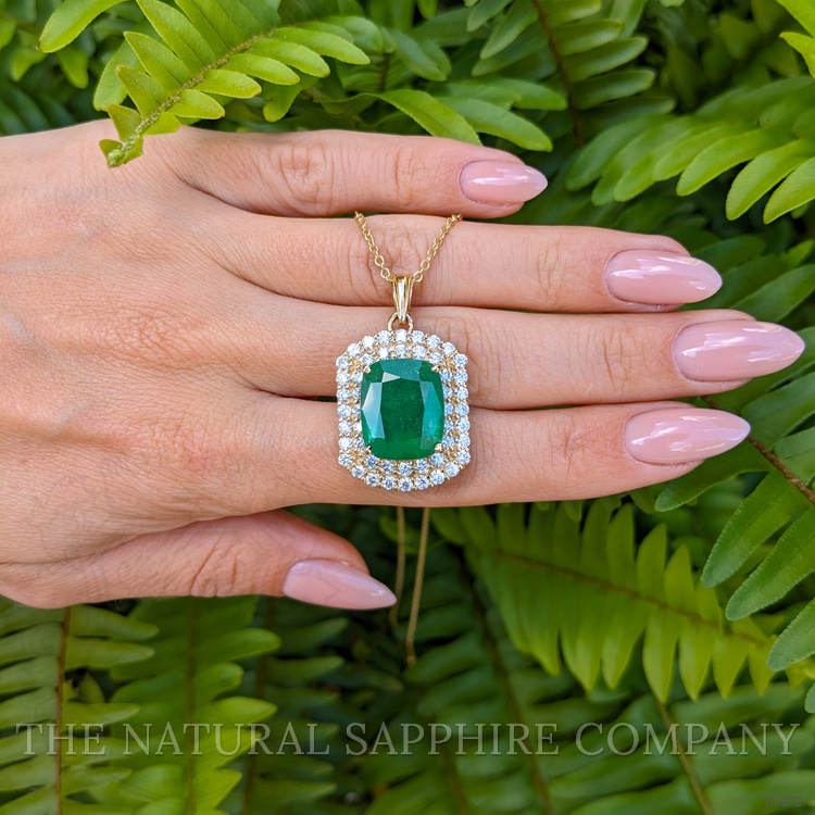 11.07 Ct. Emerald Natural Diamond Pave Pendant, 14K Yellow Gold